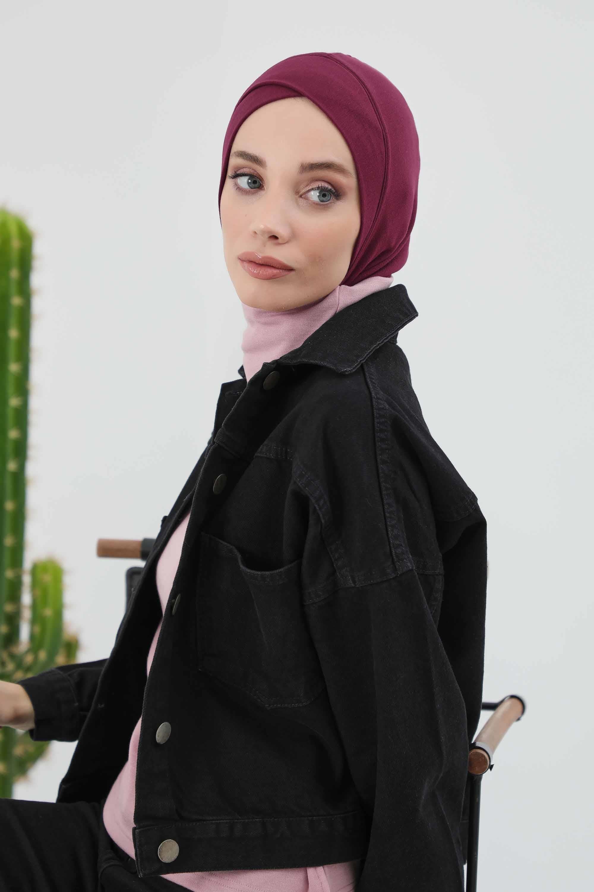 Cross-Stitch Design Inner Turban Bonnet for Women, One-Size Inner Turban Bonnet for Women, Simple Ribbed Winter Hijab Turban Bonnet,TB-4RB Maroon