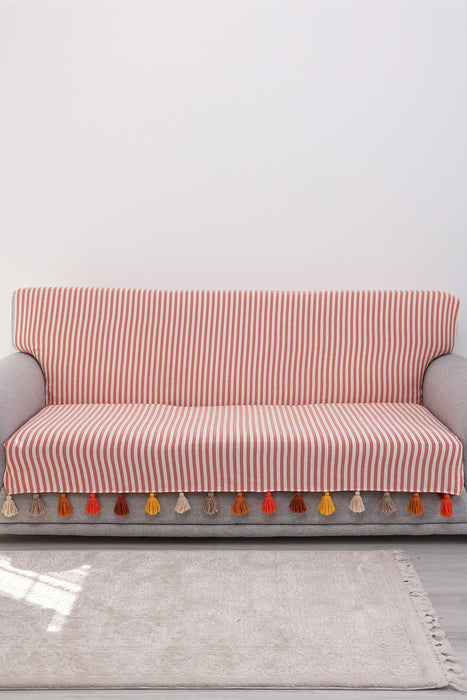 Custom-Made Boho Multicolored Tassel Sofa Cover 3 Seater Couch Slipcover Living Room Striped Pattern Couch Protector Sofa Cover,KO-30