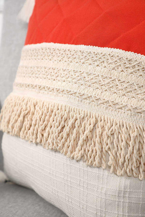 Decorative Fringed Kinitted Fabric Throw Pillow Cover with Handmade Tassels (18 x 18 inch)  Handicraft Trimmed Farmhouse Square Cushion,K-199