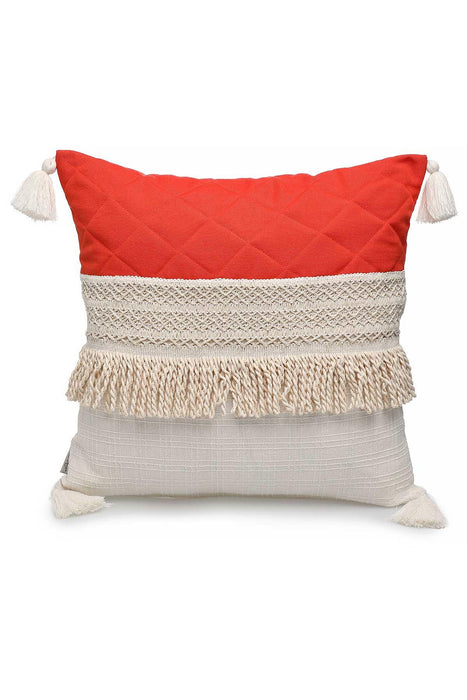Decorative Fringed Kinitted Fabric Throw Pillow Cover with Handmade Tassels (18 x 18 inch)  Handicraft Trimmed Farmhouse Square Cushion,K-199