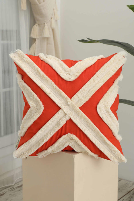 Decorative X Design Hand-Woven Pillow Cover with Fringes, 18x18 Inches Linen Boho Handmade Throw Pillow Cover for Couch and Chairs,K-127