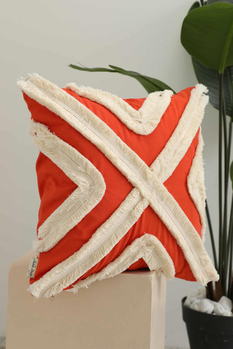 Decorative X Design Hand-Woven Pillow Cover with Fringes, 18x18 Inches Linen Boho Handmade Throw Pillow Cover for Couch and Chairs,K-127