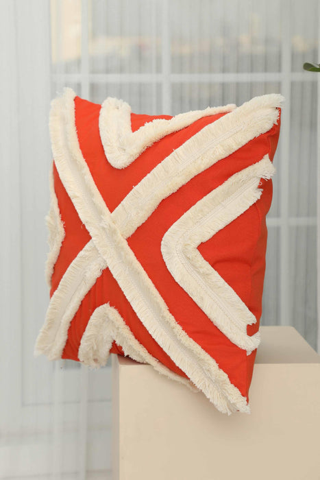 Decorative X Design Hand-Woven Pillow Cover with Fringes, 18x18 Inches Linen Boho Handmade Throw Pillow Cover for Couch and Chairs,K-127