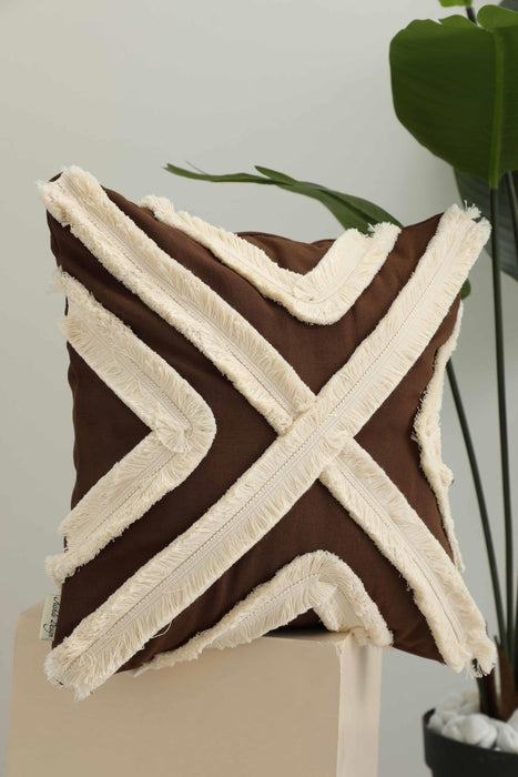 Decorative X Design Hand-Woven Pillow Cover with Fringes, 18x18 Inches Linen Boho Handmade Throw Pillow Cover for Couch and Chairs,K-127