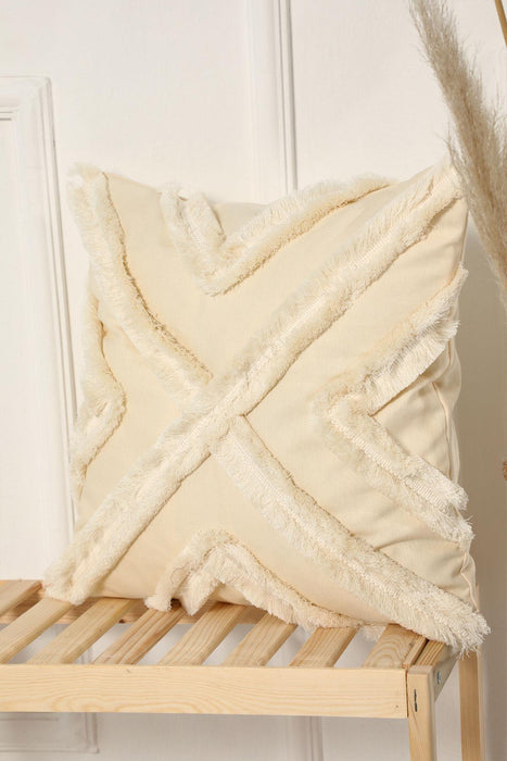 Decorative X Design Hand-Woven Pillow Cover with Fringes, 18x18 Inches Linen Boho Handmade Throw Pillow Cover for Couch and Chairs,K-127