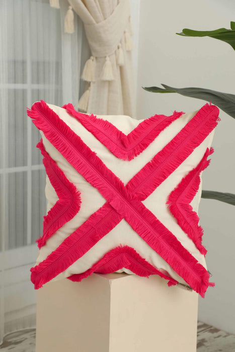 Decorative X Design Hand-Woven Pillow Cover with Fringes, 18x18 Inches Linen Boho Handmade Throw Pillow Cover for Couch and Chairs,K-127