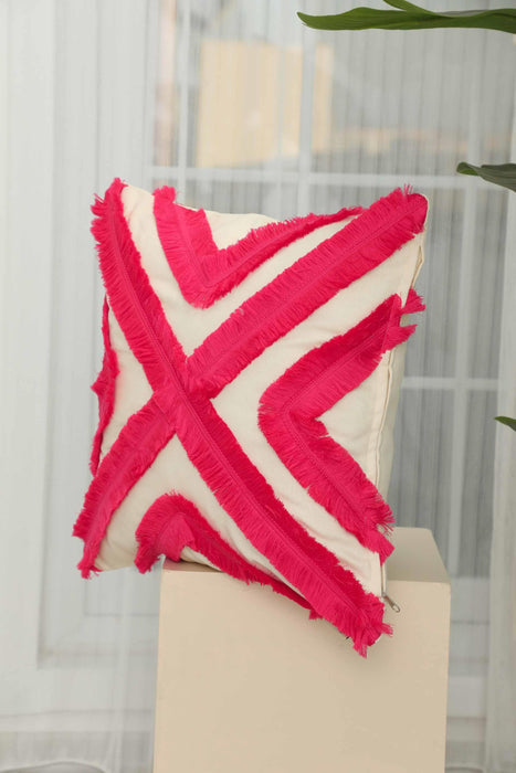 Decorative X Design Hand-Woven Pillow Cover with Fringes, 18x18 Inches Linen Boho Handmade Throw Pillow Cover for Couch and Chairs,K-127