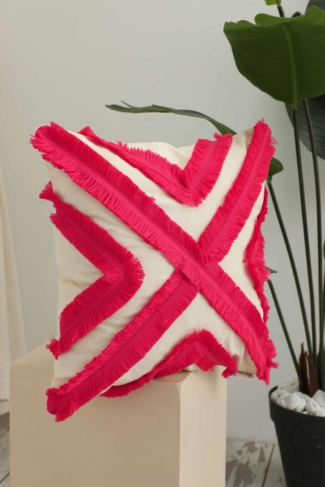 Decorative X Design Hand-Woven Pillow Cover with Fringes, 18x18 Inches Linen Boho Handmade Throw Pillow Cover for Couch and Chairs,K-127