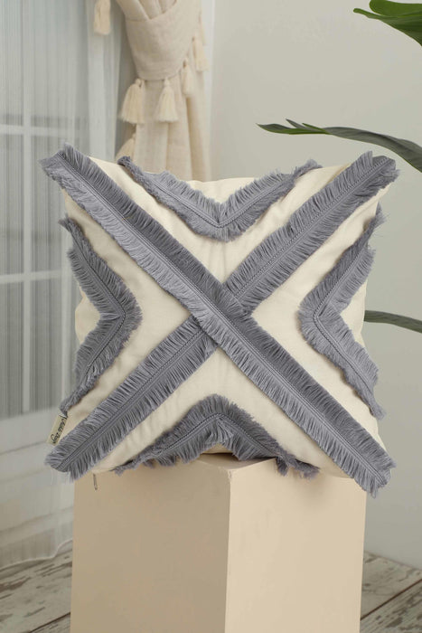 Decorative X Design Hand-Woven Pillow Cover with Fringes, 18x18 Inches Linen Boho Handmade Throw Pillow Cover for Couch and Chairs,K-127