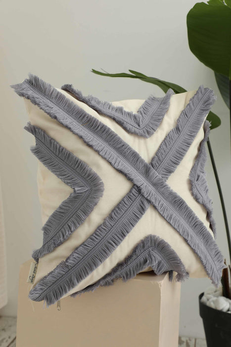 Decorative X Design Hand-Woven Pillow Cover with Fringes, 18x18 Inches Linen Boho Handmade Throw Pillow Cover for Couch and Chairs,K-127