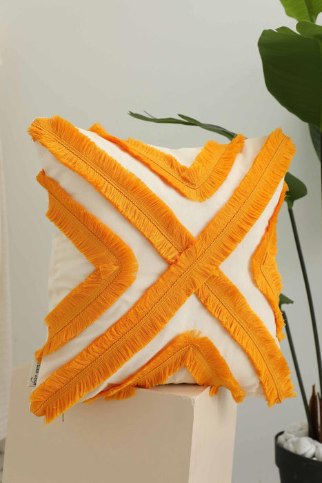 Decorative X Design Hand-Woven Pillow Cover with Fringes, 18x18 Inches Linen Boho Handmade Throw Pillow Cover for Couch and Chairs,K-127
