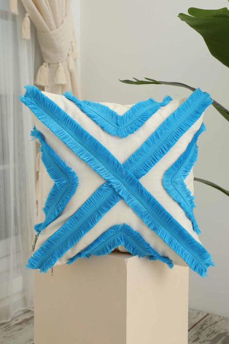 Decorative X Design Hand-Woven Pillow Cover with Fringes, 18x18 Inches Linen Boho Handmade Throw Pillow Cover for Couch and Chairs,K-127