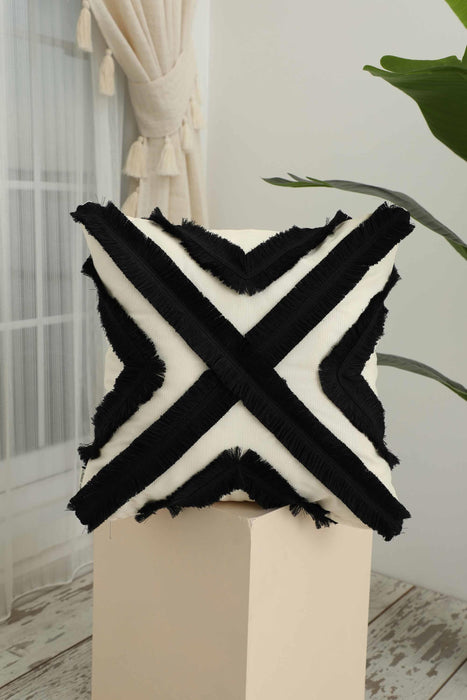 Decorative X Design Hand-Woven Pillow Cover with Fringes, 18x18 Inches Linen Boho Handmade Throw Pillow Cover for Couch and Chairs,K-127