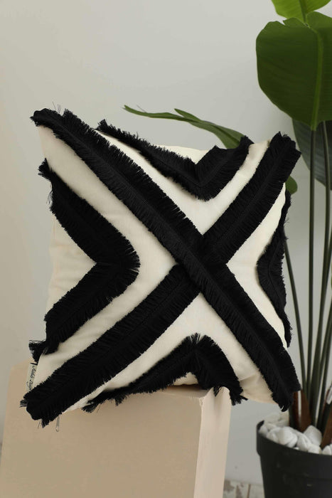 Decorative X Design Hand-Woven Pillow Cover with Fringes, 18x18 Inches Linen Boho Handmade Throw Pillow Cover for Couch and Chairs,K-127