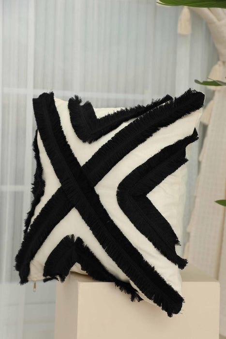Decorative X Design Hand-Woven Pillow Cover with Fringes, 18x18 Inches Linen Boho Handmade Throw Pillow Cover for Couch and Chairs,K-127