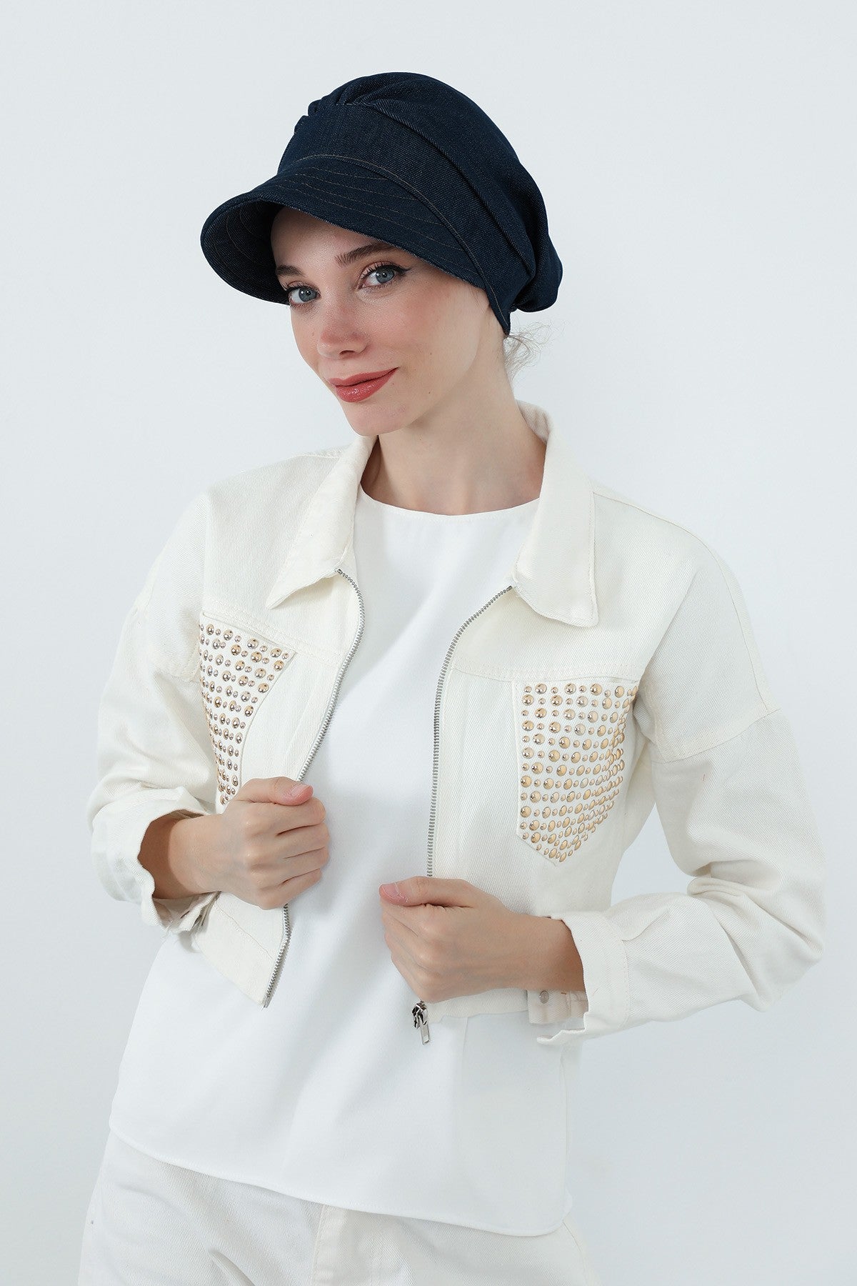 Denim Visor Hijab Cap, Lightweight Modest-Friendly Cotton Denim Hat,B-73KOT Dark Blue