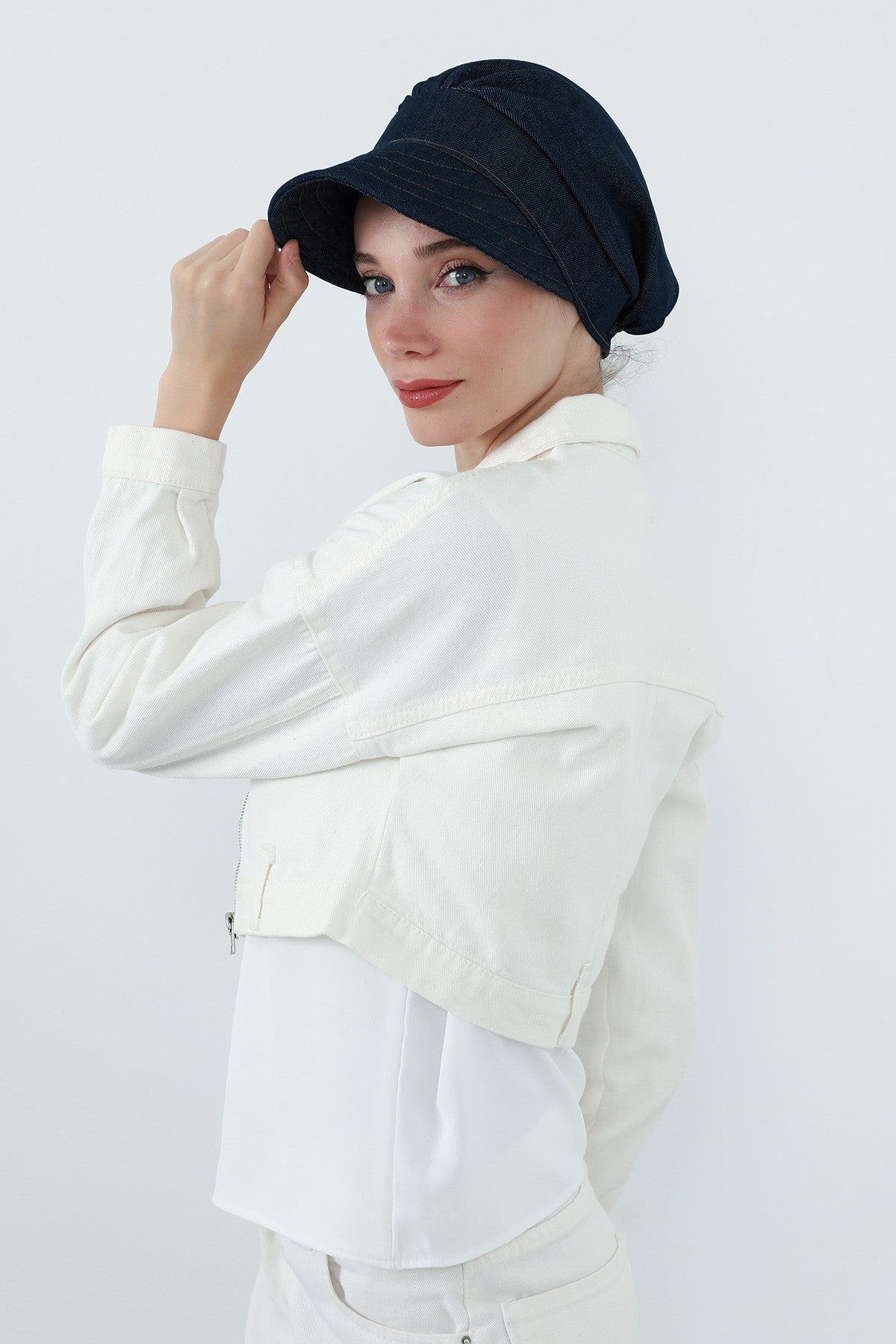 Denim Visor Hijab Cap, Lightweight Modest-Friendly Cotton Denim Hat,B-73KOT Dark Blue