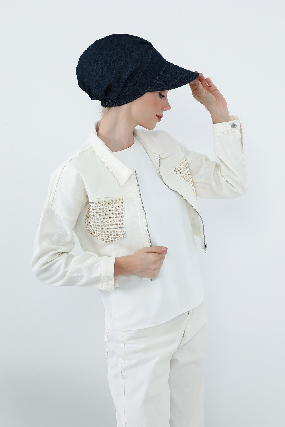 Denim Visor Hijab Cap, Lightweight Modest-Friendly Cotton Denim Hat,B-73KOT Dark Blue