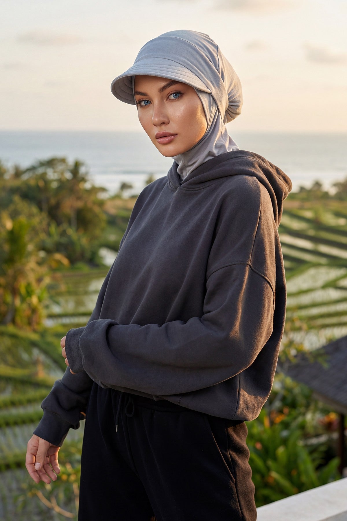Detachable Visor Cotton Turban for Women Strech Head Wrap Combed Cotton Stylish One-Size Cap,B-82 Grey 2