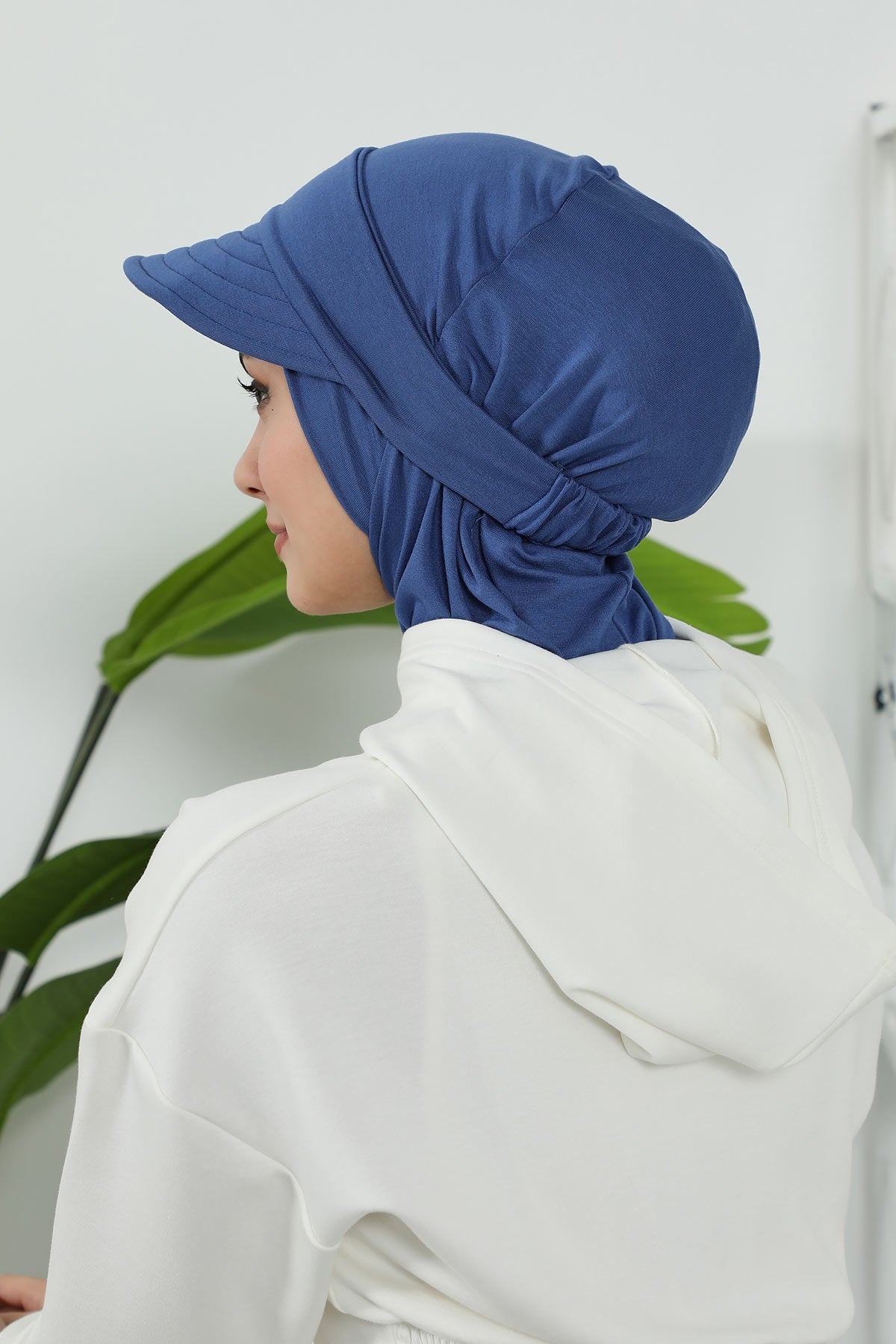 Detachable Visor Cotton Turban for Women Strech Head Wrap Combed Cotton Stylish One-Size Cap,B-82 İndigo