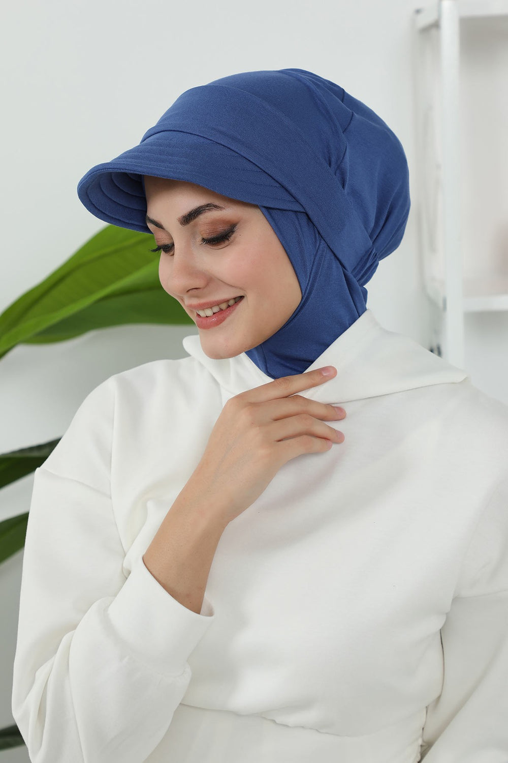 Detachable Visor Cotton Turban for Women Strech Head Wrap Combed Cotton Stylish One-Size Cap,B-82 İndigo