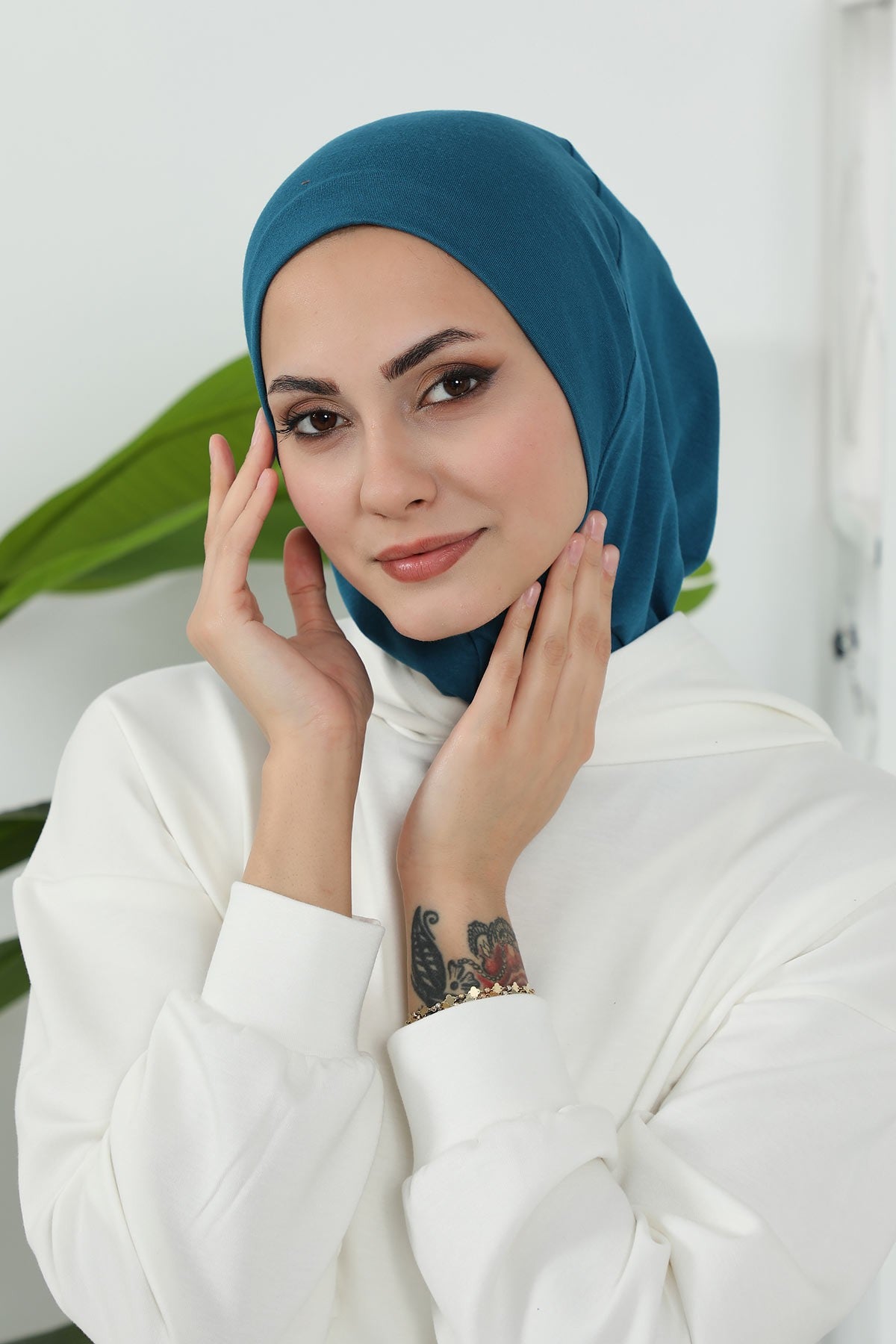 Detachable Visor Cotton Turban for Women Strech Head Wrap Combed Cotton Stylish One-Size Cap,B-82 Petrol Blue