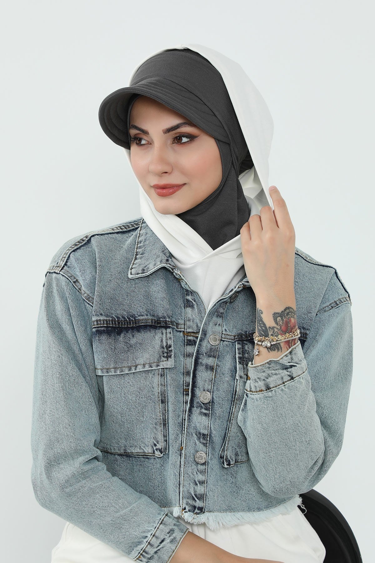 Detachable Visor Cotton Turban for Women Strech Head Wrap Combed Cotton Stylish One-Size Cap,B-82 Anthracite