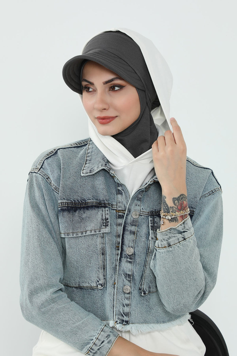 Detachable Visor Cotton Turban for Women Strech Head Wrap Combed Cotton Stylish One-Size Cap,B-82 Anthracite