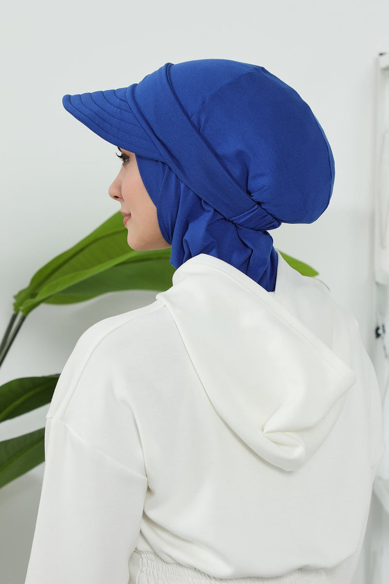 Detachable Visor Cotton Turban for Women Strech Head Wrap Combed Cotton Stylish One-Size Cap,B-82 Sax Blue