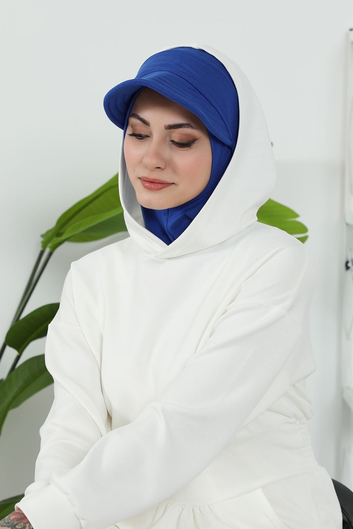 Detachable Visor Cotton Turban for Women Strech Head Wrap Combed Cotton Stylish One-Size Cap,B-82 Sax Blue