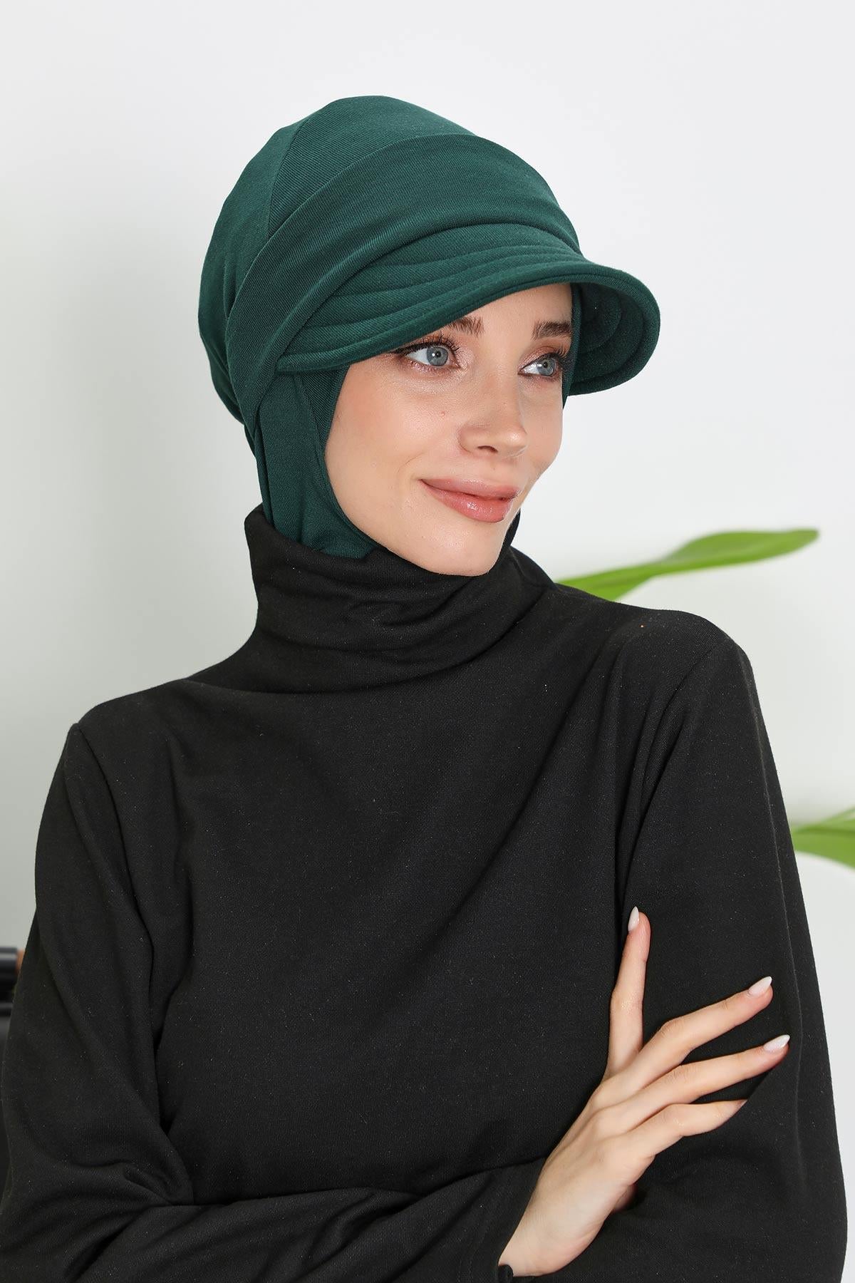Detachable Visor Winter Turban for Women, Ribbed Polyviscose Stretch Headwrap, Stylish One-Size Cap for Cold Weather,B-82RB Duck Green