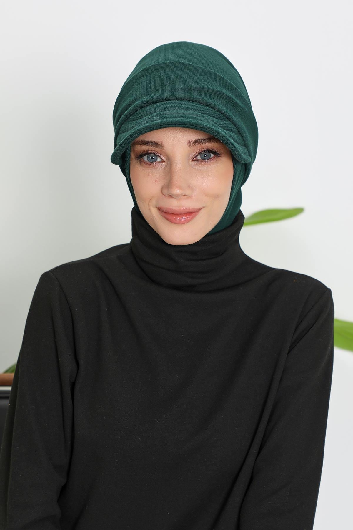 Detachable Visor Winter Turban for Women, Ribbed Polyviscose Stretch Headwrap, Stylish One-Size Cap for Cold Weather,B-82RB Duck Green