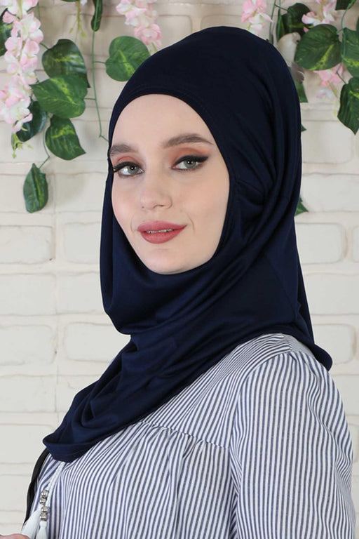Easy to Wear Instant Turban Scarf for Women, Plain Color Turban Hijab Headwrap for Daily Use, Comfortable Modest Fashion Hijab Design,B-33 Navy Blue