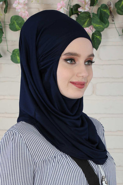 Easy to Wear Instant Turban Scarf for Women, Plain Color Turban Hijab Headwrap for Daily Use, Comfortable Modest Fashion Hijab Design,B-33 Navy Blue