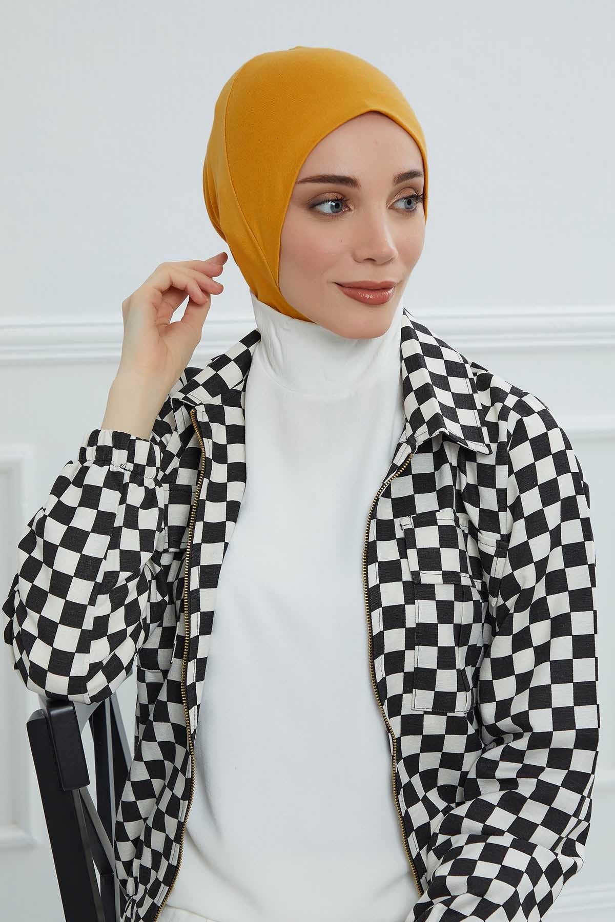 Easy Wear Instant Turban Bonnet for Women, Practical Inner Turban Cap, Quick Wear Instant Hijab Bonnet, Ready Hijab Head Wrap Under Cap,TB-5 Mustard Yellow
