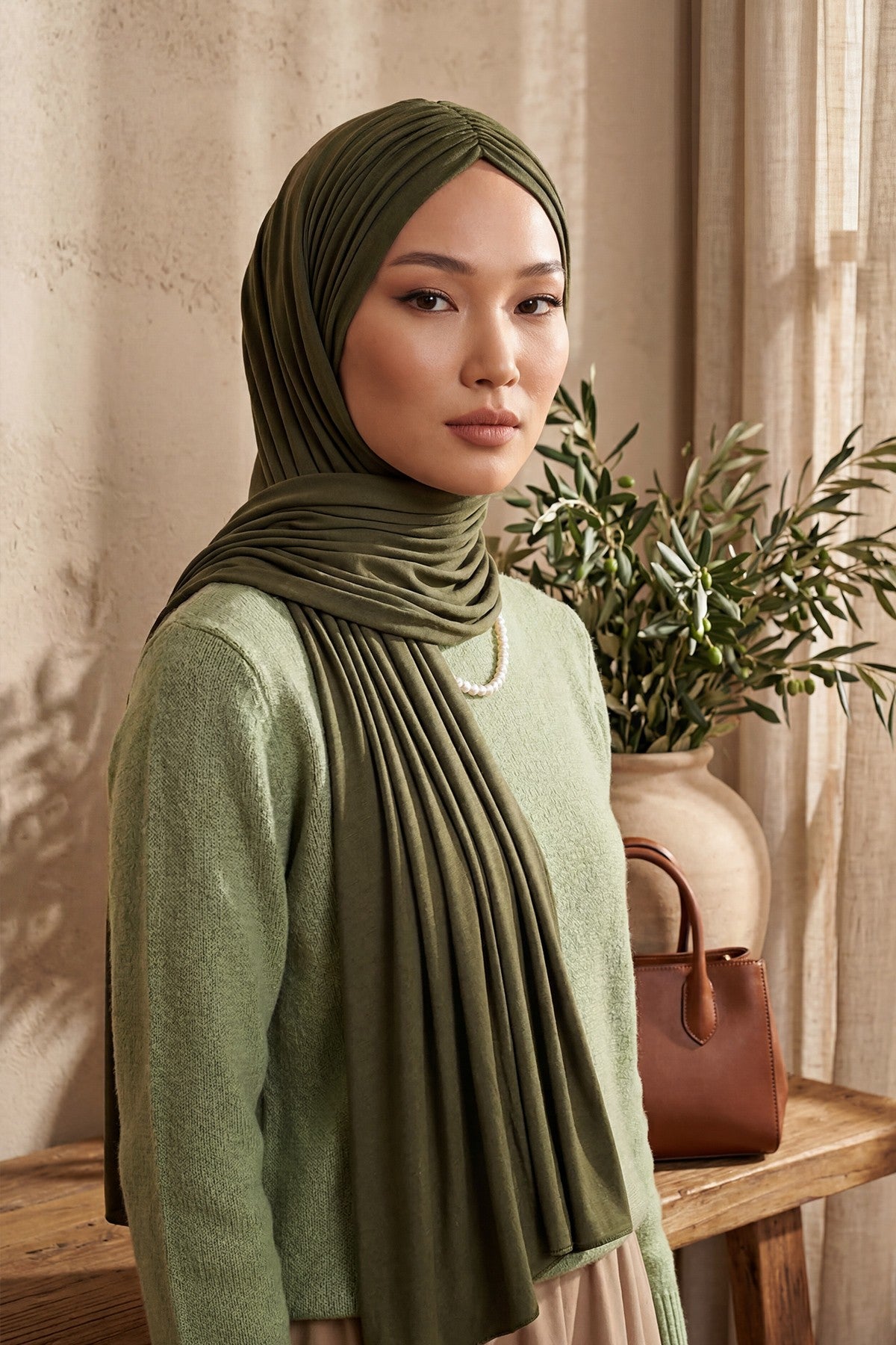 Effortless Instant Cotton Shawl for Women, Instant Cotton Lightweight Hijab Headscarf, Comfortable and Large Women Hijab Shawl,CPS-44 Army Green