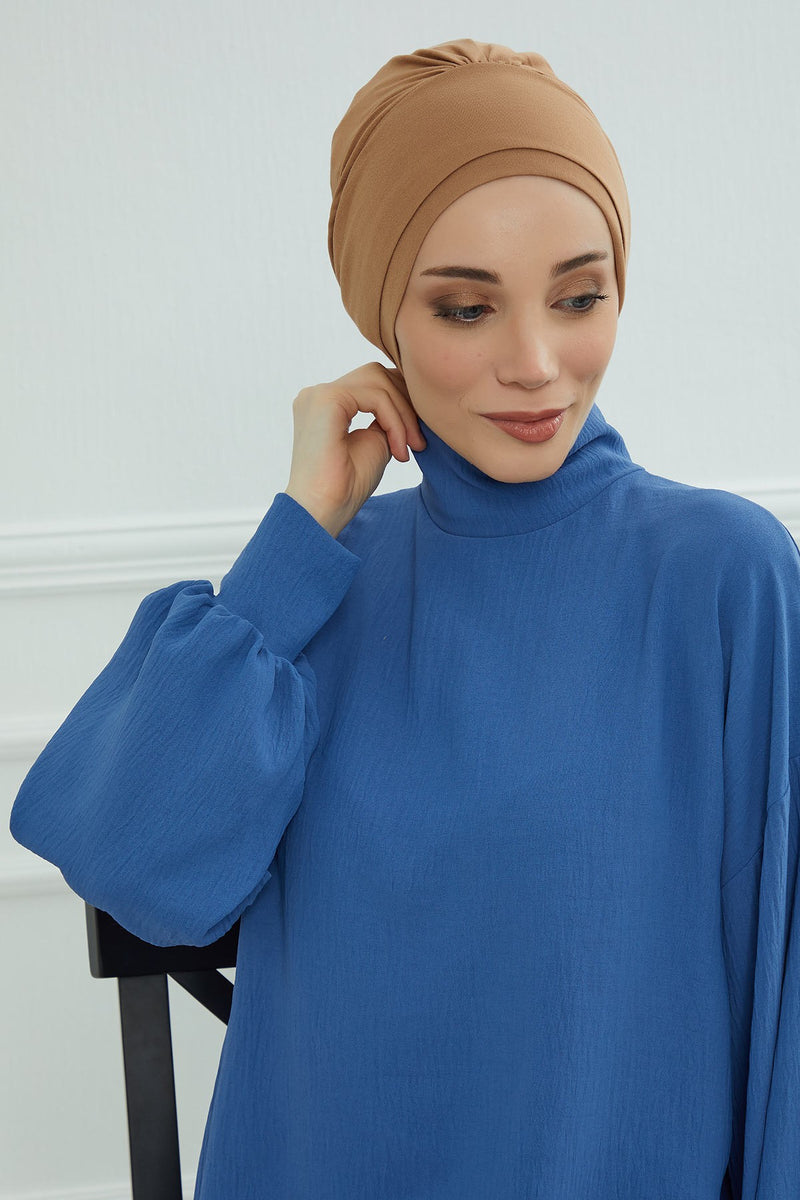 Elastic Easy Wrap Instant Turban Bonnet Cap for Women, Fashionable Single Colour Pre-Tied Turban Hijab, Cotton Elastic Chemo Headwear,B-53