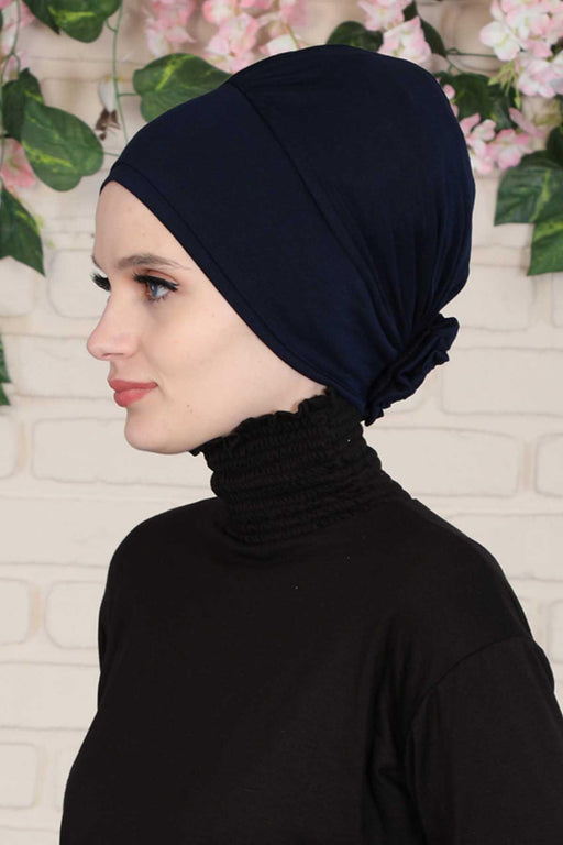 Elastic Easy Wrap Instant Turban Bonnet Cap for Women, Fashionable Single Colour Pre-Tied Turban Hijab, Cotton Elastic Chemo Headwear,B-53 Navy Blue