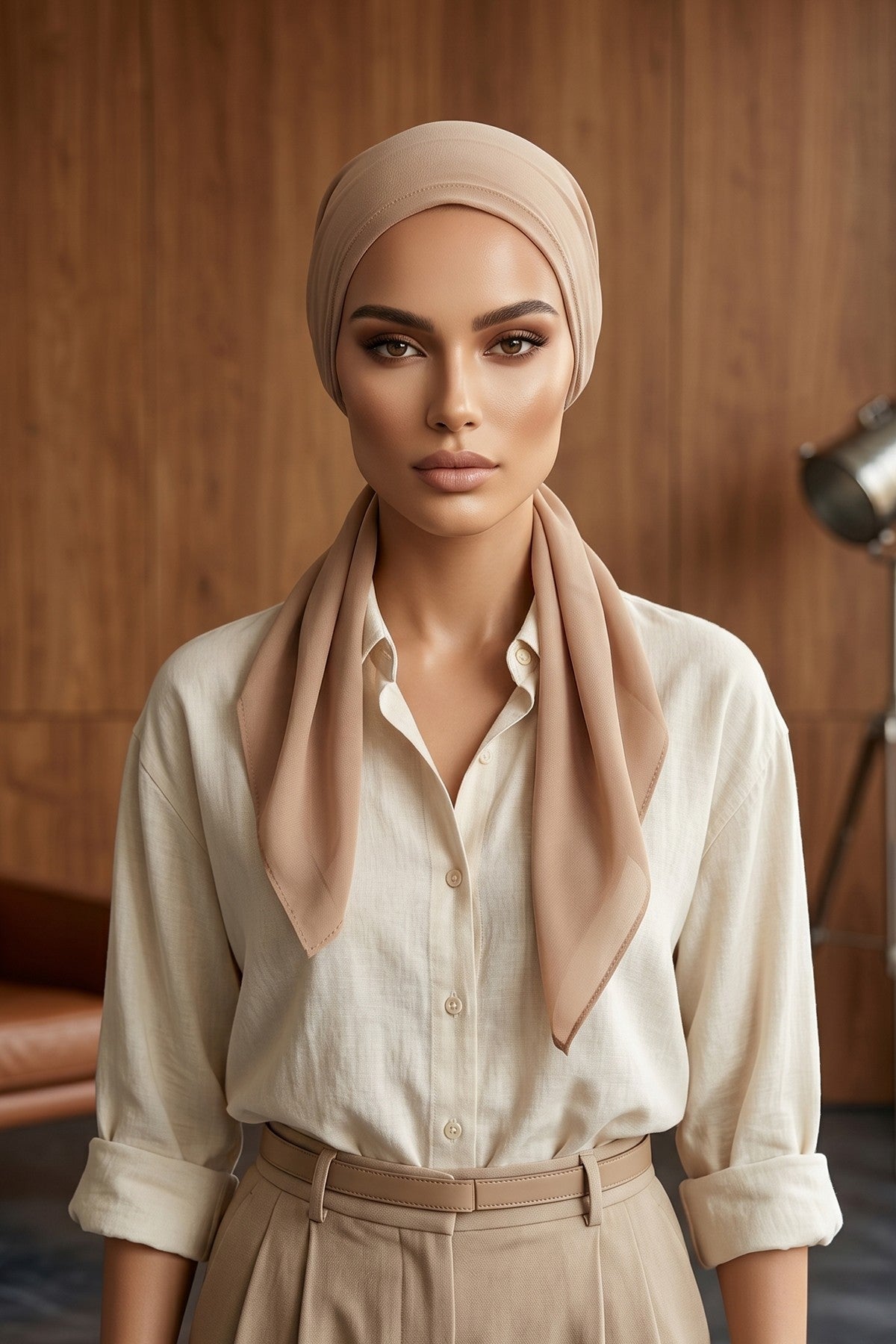 Elegant Chiffon Hijab Bonnet with Comfortable Cotton Inner Cap,B-97 Sand Brown