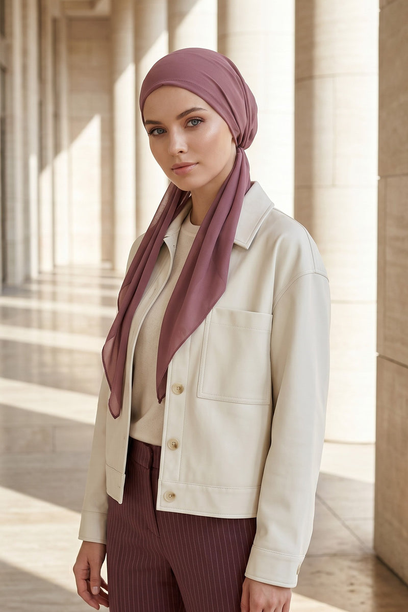 Elegant Chiffon Hijab Bonnet with Comfortable Cotton Inner Cap,B-97 Dusty Rose