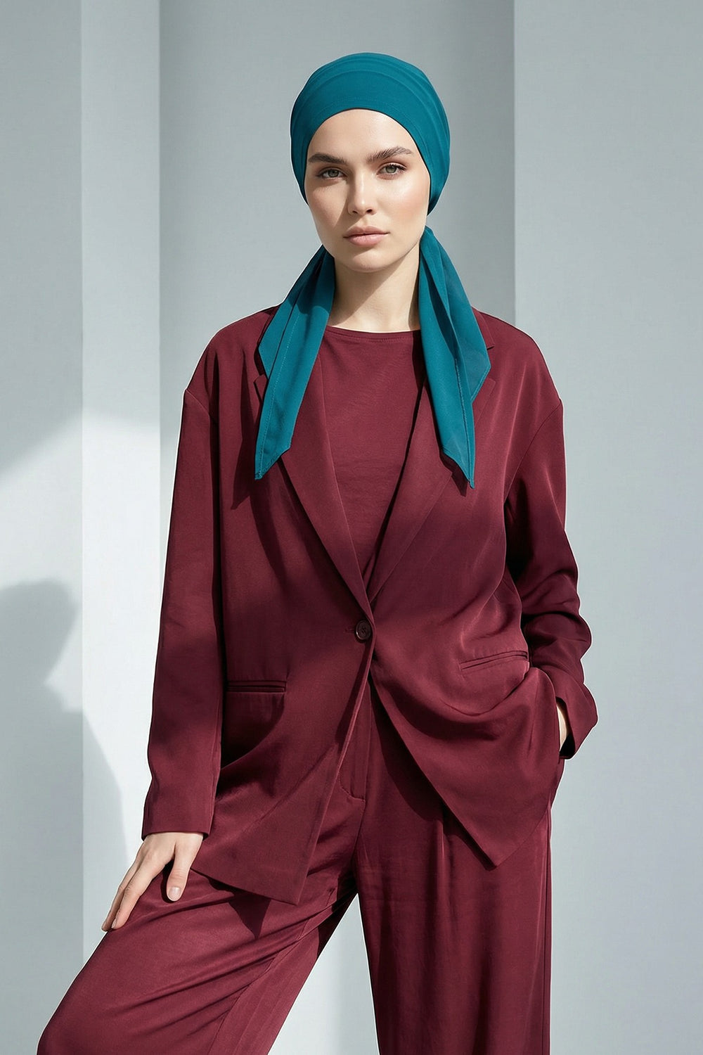 Elegant Chiffon Hijab Bonnet with Comfortable Cotton Inner Cap,B-97 Petrol Blue