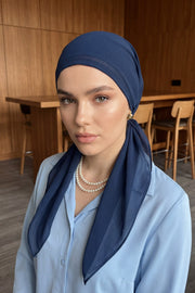 Elegant Chiffon Hijab Bonnet with Comfortable Cotton Inner Cap,B-97 Dark Blue