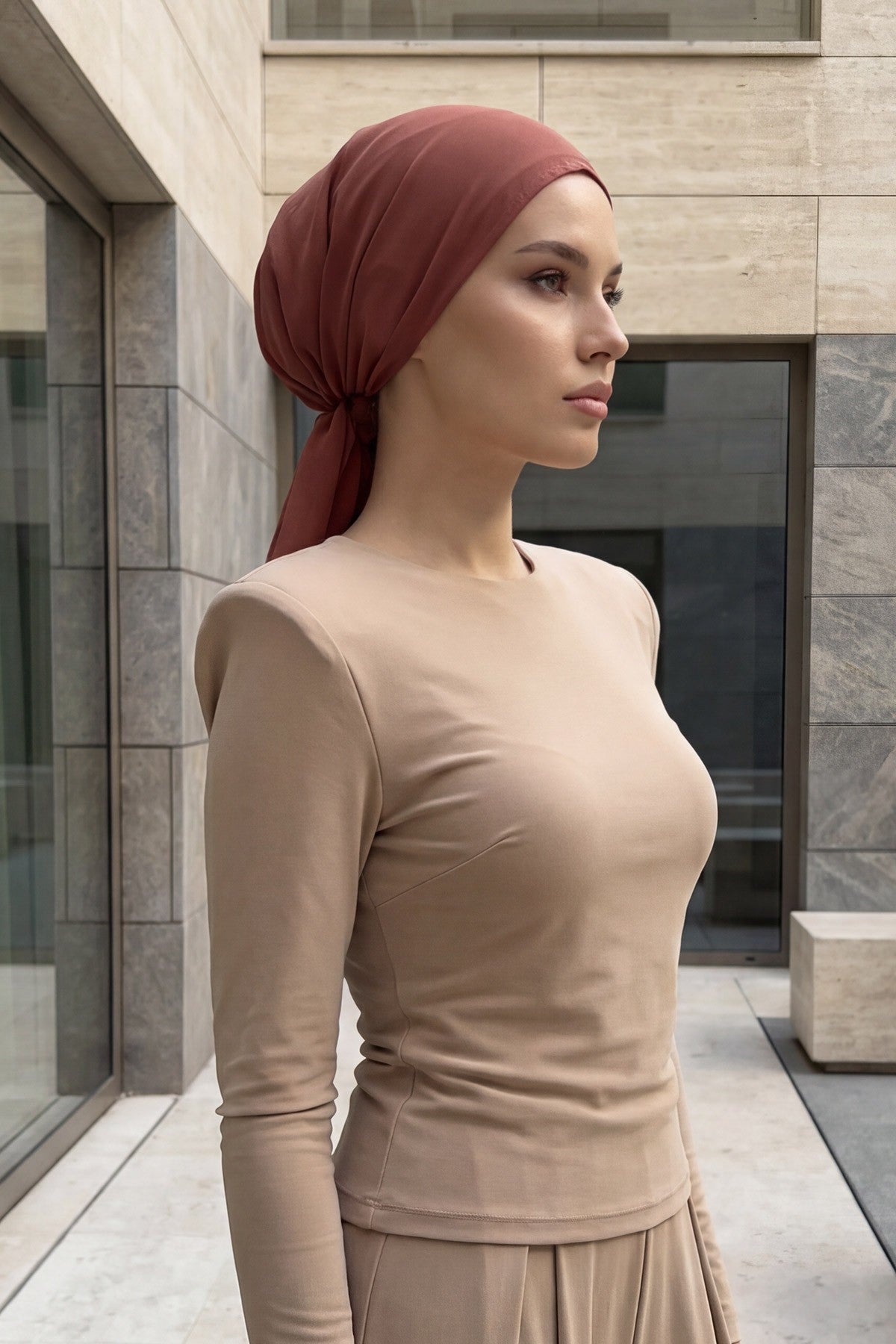 Elegant Chiffon Hijab Bonnet with Comfortable Cotton Inner Cap,B-97 Cinnamon