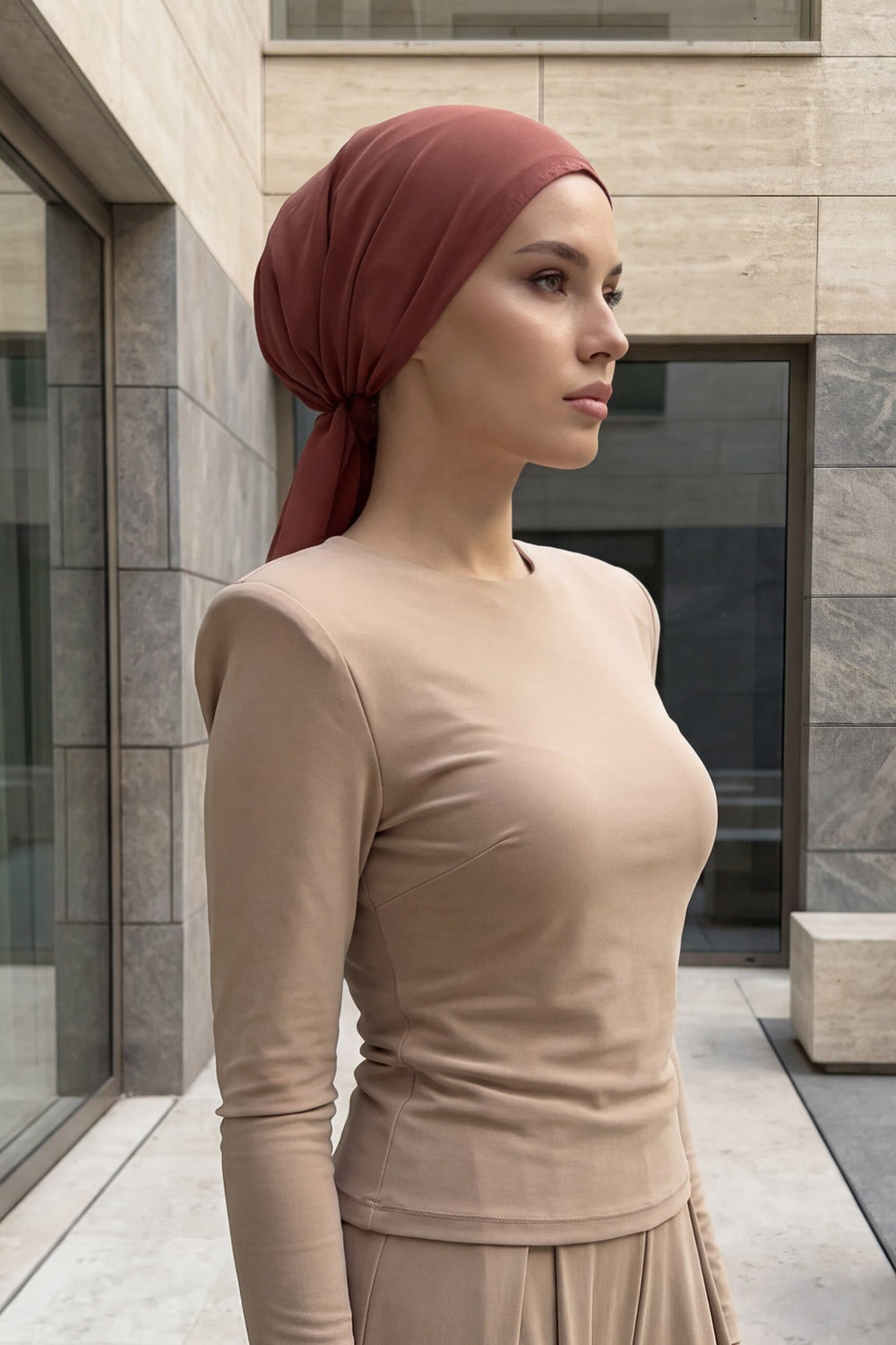 Elegant Chiffon Hijab Bonnet with Comfortable Cotton Inner Cap,B-97 Cinnamon