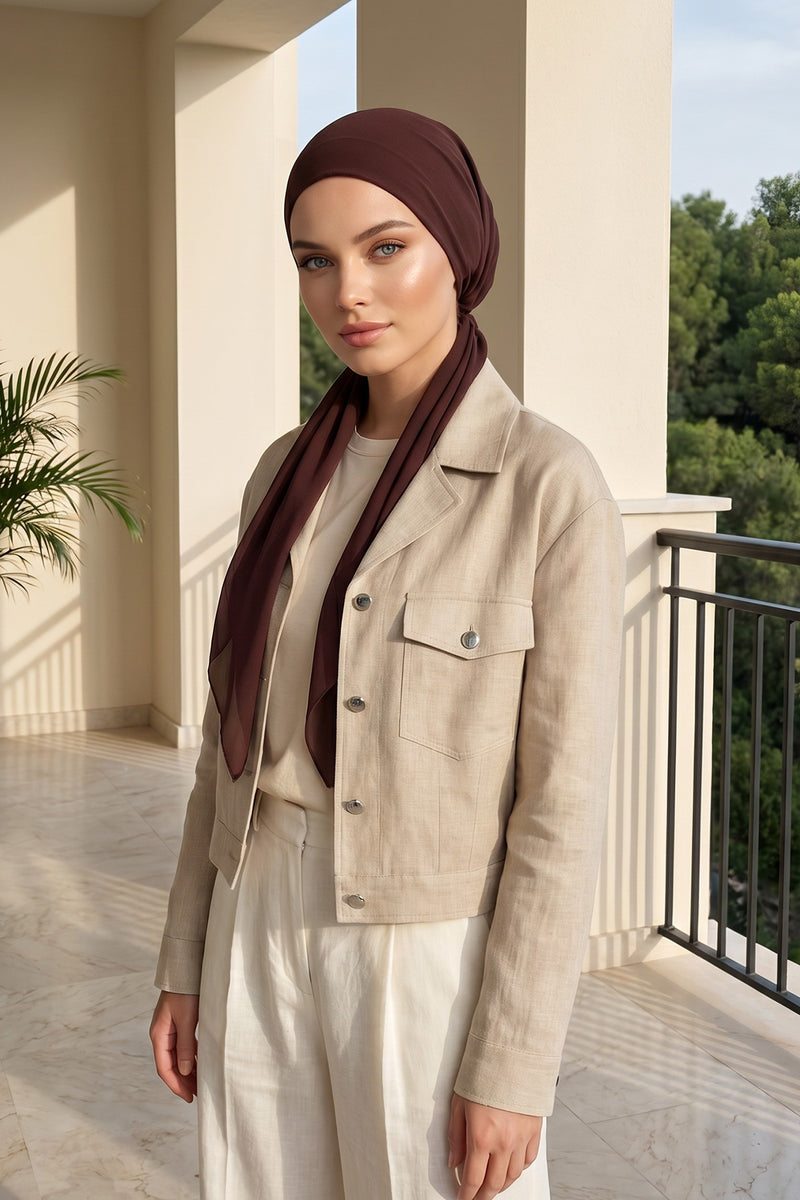 Elegant Chiffon Hijab Bonnet with Comfortable Cotton Inner Cap,B-97 Brown