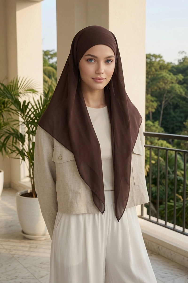 Elegant Chiffon Hijab Bonnet with Comfortable Cotton Inner Cap,B-97 Brown
