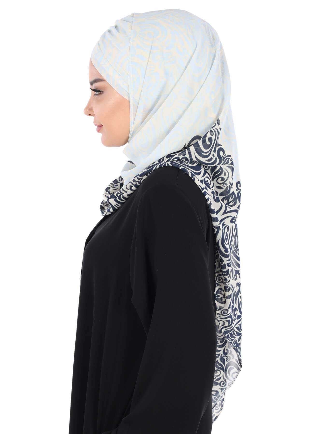 Elegant Patterned Instant Chiffon Shawl Hijab for Women, Lightweight Breathable Women Headscarf,CPS-502D Navy Blue - Blue
