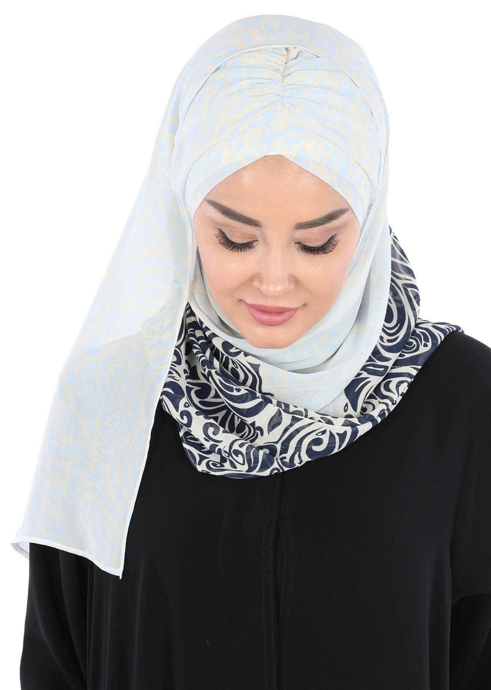 Elegant Patterned Instant Chiffon Shawl Hijab for Women, Lightweight Breathable Women Headscarf,CPS-502D Navy Blue - Blue
