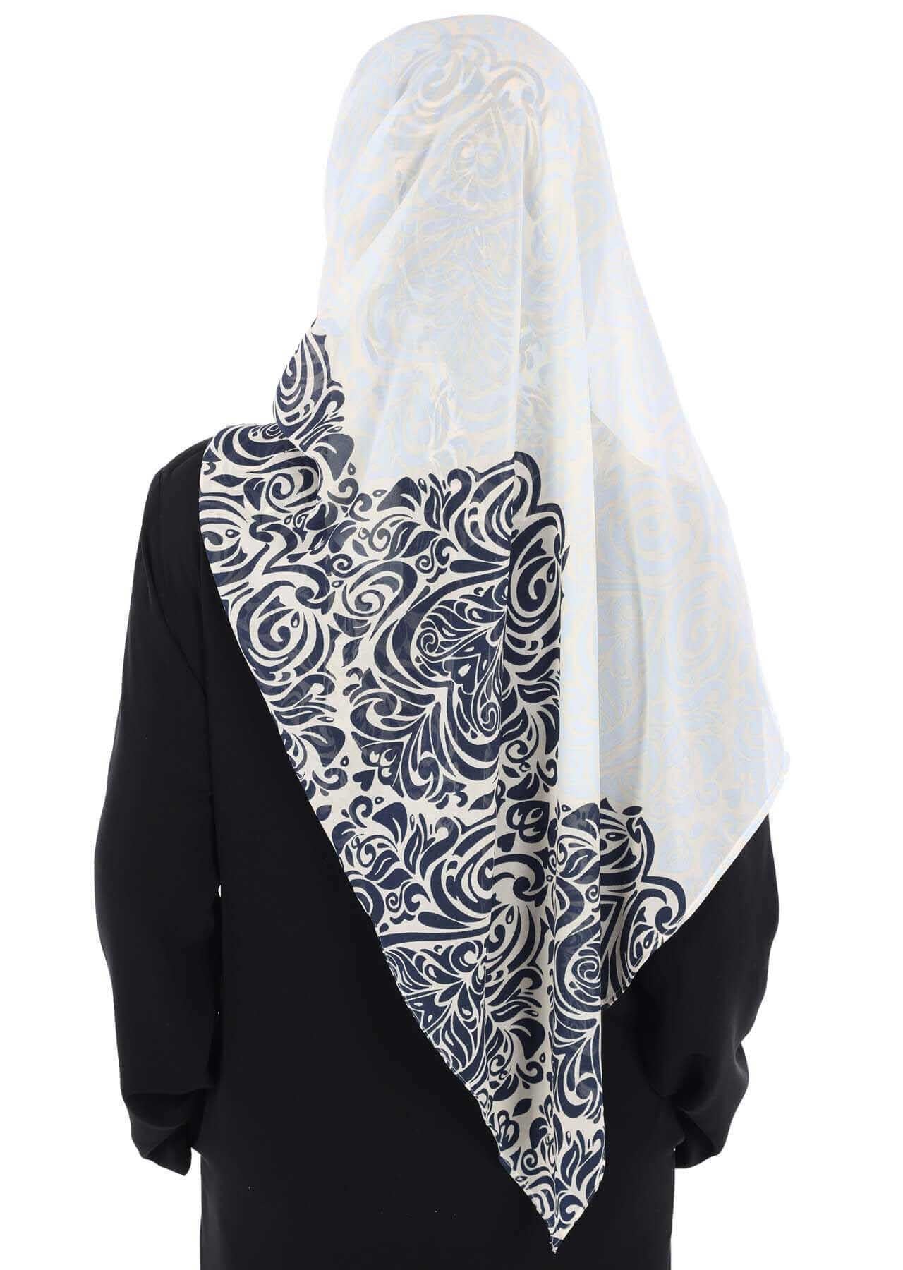 Elegant Patterned Instant Chiffon Shawl Hijab for Women, Lightweight Breathable Women Headscarf,CPS-502D Navy Blue - Blue
