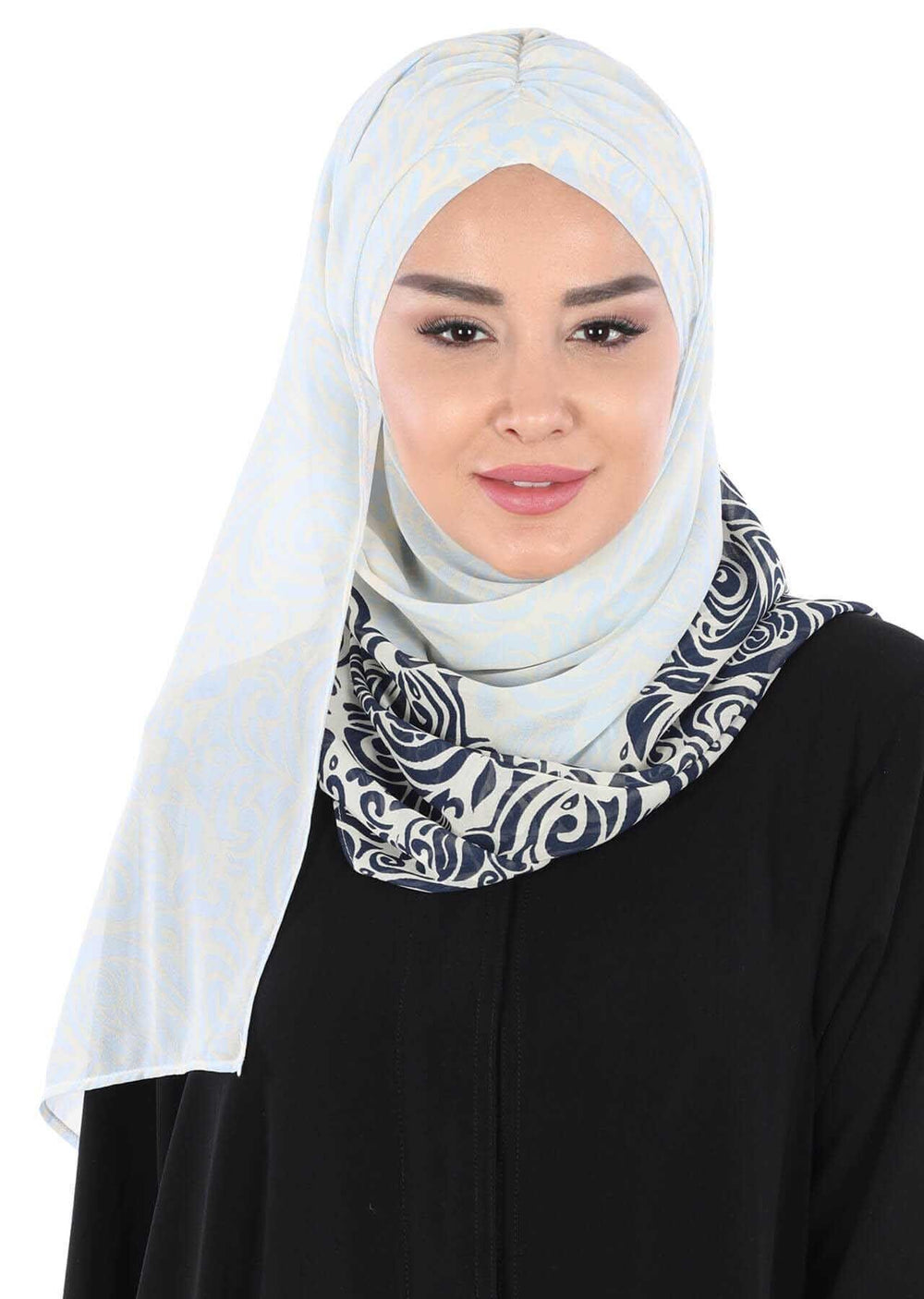 Elegant Patterned Instant Chiffon Shawl Hijab for Women, Lightweight Breathable Women Headscarf,CPS-502D Navy Blue - Blue